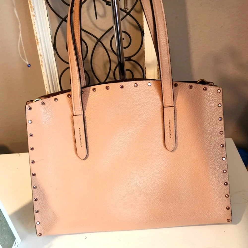 Coach Charlie Crystal Rivets Border Pale Pink Leather Carryall Tote Bag - Picture 2 of 14